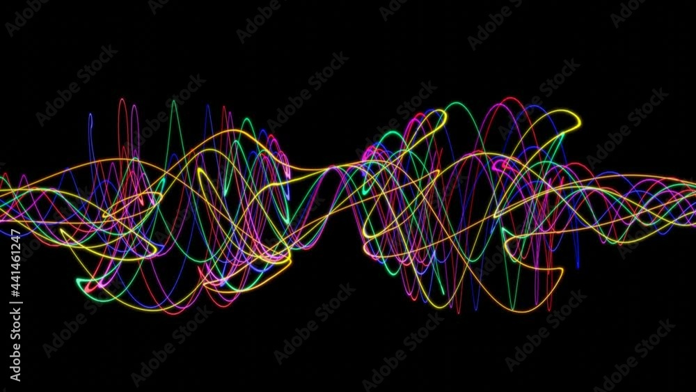 Poster multicolored iridescent glowing lines swirling in a spiral form slowly rotate on a black background.