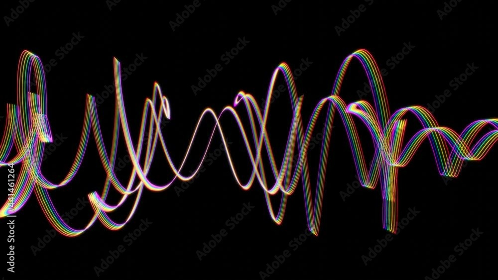 Aufkleber multicolored iridescent glowing lines swirling in a spiral form slowly rotate on a black background.