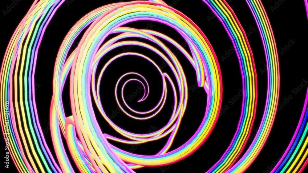 Poster multicolored iridescent glowing lines swirling in a spiral form slowly rotate on a black background.