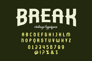 vintage font, green and orange background, vector alphabet, letters and numbers