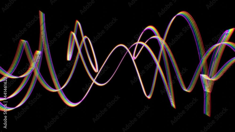 Poster multicolored iridescent glowing lines swirling in a spiral form slowly rotate on a black background.