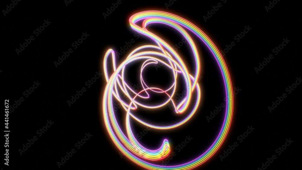 Poster multicolored iridescent glowing lines swirling in a spiral form slowly rotate on a black background.