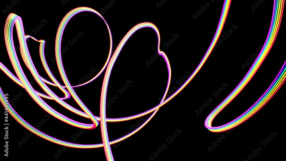 Aufkleber multicolored iridescent glowing lines swirling in a spiral form slowly rotate on a black background.
