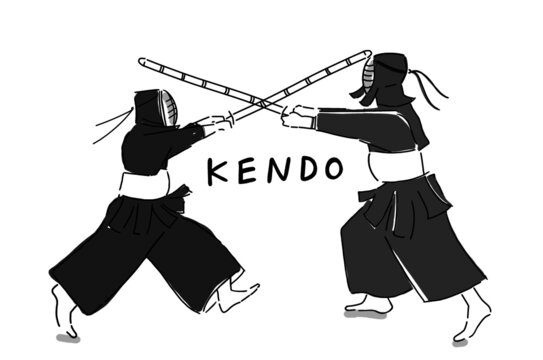 Hand drawn illustration of Kendo practitioners in simple icon drawing 