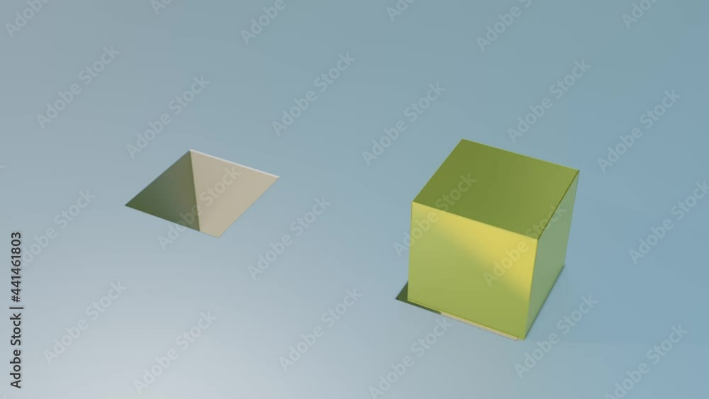 Poster yellow-gold cubes rise from the hole and fall into the hole. abstract loop background. 3d render