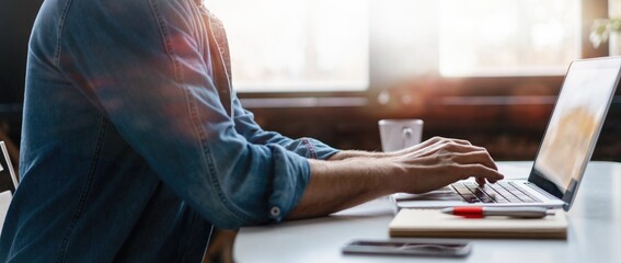 Obraz premium Businessman hands typing on laptop keyboard in morning light (computer, typing, online).