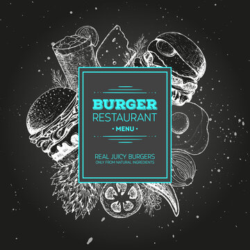 Burgers and ingredients for burgers vector illustration. Fast food, junk food label. Elements for burgers restaurant menu design. Engraved image, retro style.