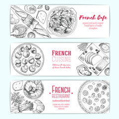 French food design template. Vertical banners set. Vector illustration with poached eggs, bakery, cheese, ratatouille, pissaladier. French Cuisine restaurant menu. Hand drawn sketch vector banners.