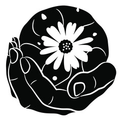 Human hand holding lophophora cactus. Peyote. Isolated vector illustration. Black and white silhouette. - obrazy, fototapety, plakaty