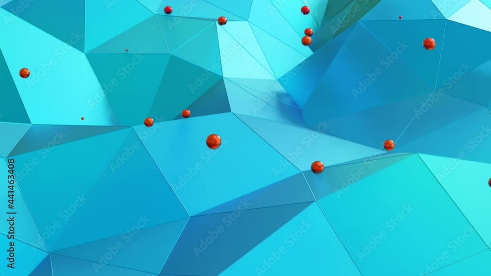 Poster a turquoise blue low poly plane with red spheres above it is slowly deformed. looped abstract animat