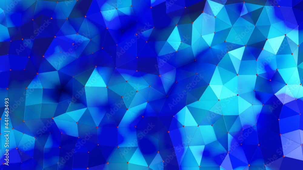 Poster blue-cyan low poly plane with red spheres on the vertices is slowly deformed. looped abstract animat