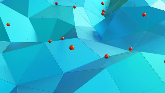 a turquoise blue low poly plane with red spheres above it is slowly deformed. looped abstract animation. 3d render