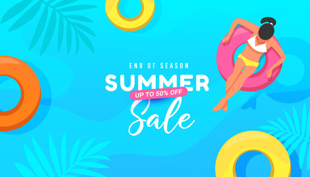 Summer sale 50 off vector illustration with tropical leaves background. Yellow, pink and orange rubber ring floating in the swimming pool.