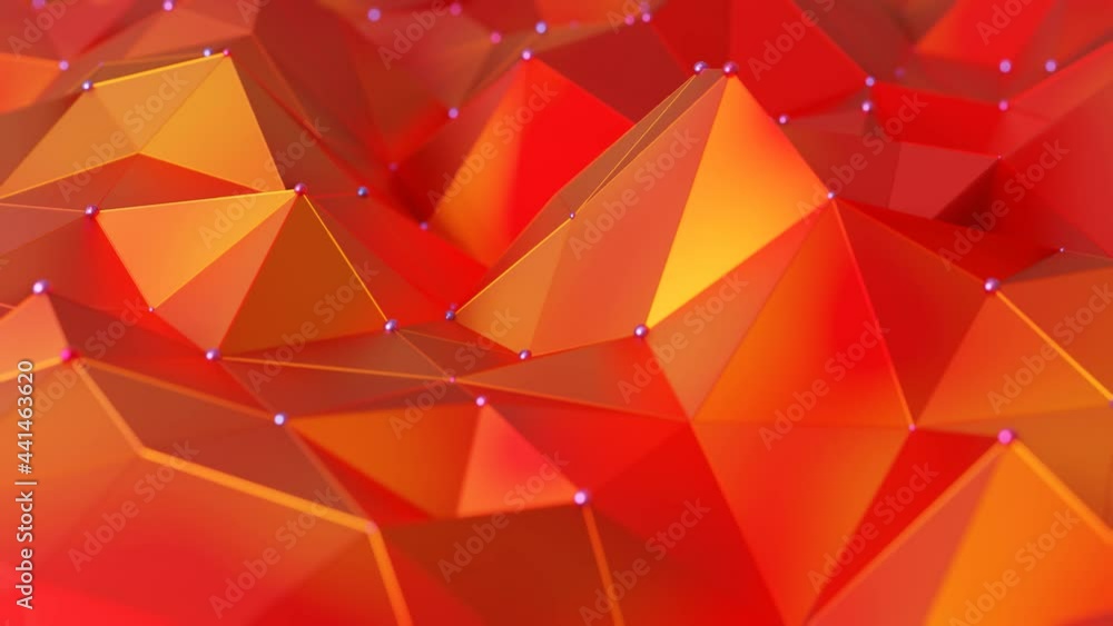 Poster a bright red-orange low poly plane with spheres at the vertices slowly deforms. looped abstract anim