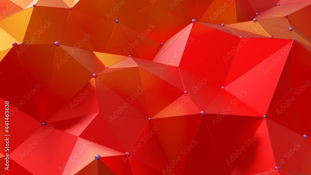 Poster a bright red-orange low poly plane with spheres at the vertices slowly deforms. looped abstract anim