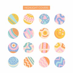 Collection of highlight story covers for social media. Set of pastel hand drawn backgrounds. Round elements and icons with abstract shapes, details, texture for your blog or website.