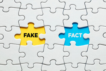 Missing puzzle pieces with the words fake versus fact. Discovering or exposing facts against fake...