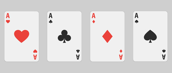 Set of four aces playing cards suits. Winning poker hand. Set of hearts, spades, clubs and diamonds ace.