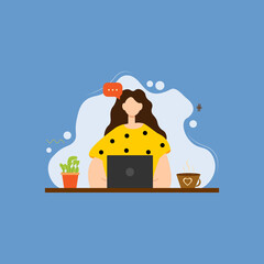 Handsome designer woman is working at her laptop. Freelance or studying concept. Cute illustration in flat style. 