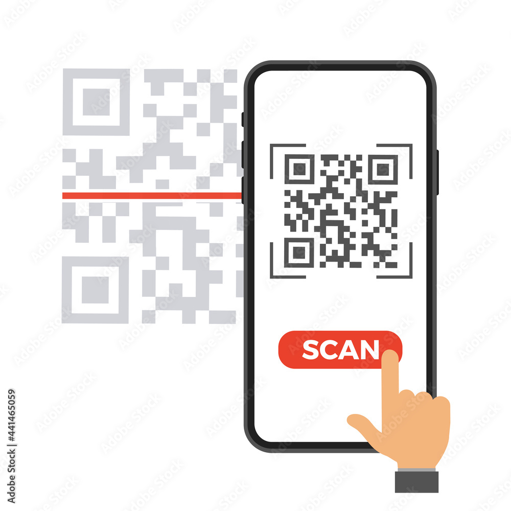Poster hand with phone scanning qr code. flat style icon. vector illustration
