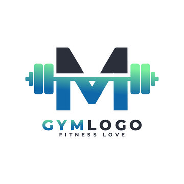 Letter M Logo With Barbell. Fitness Gym logo. Lifting Vector Logo Design For Gym and Fitness. Alphabet Letter Logo Template