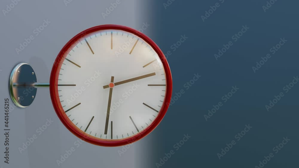 Aufkleber round clock on a metal bracket with a red case with rotating hands. looped animation. 3d render