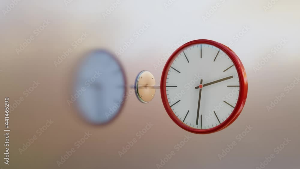 Aufkleber round clock on a metal bracket with a red case with rotating hands. looped animation. 3d render