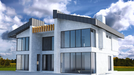 3d Villa design. Concrete facade house with Black Roof