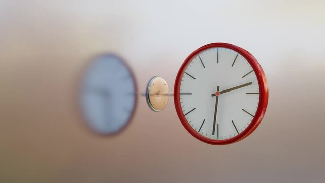 round clock on a metal bracket with a red case with rotating hands. looped animation. 3d render