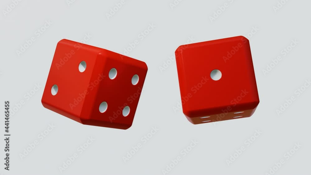 Poster two red dice slowly rotate on a light background. looped abstract animation. 3d render
