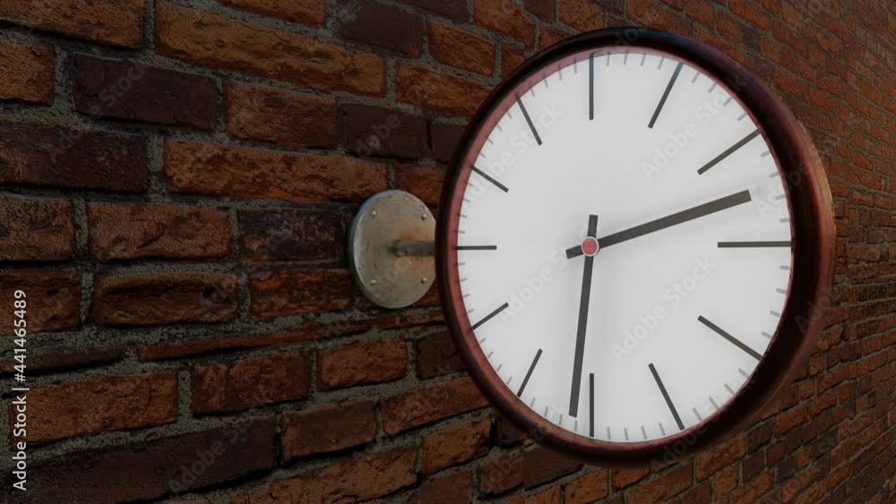 Poster round clock on a metal bracket on a brick wall with rotating arrows. looped animation. 3d render