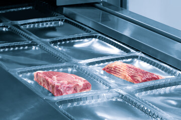 Linear food plastic tray package heat sealing machine. Food industry concept background