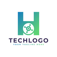 Tech Letter H Logo. Green Geometric Shape with Dot Circle Connected as Network Logo Vector. Usable for Business and Technology Logos.