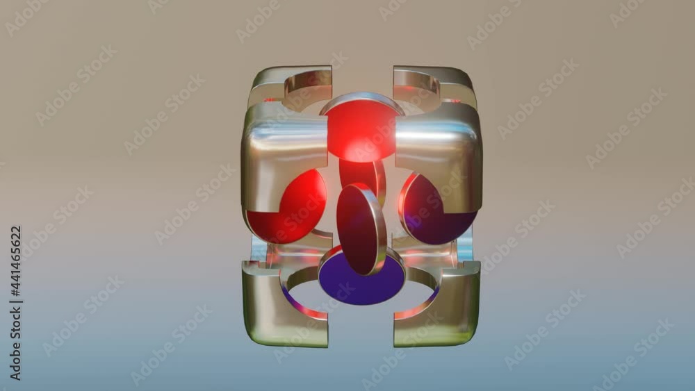 Poster a chrome-plated cube of parts scatters to the sides and reassembled and red-blue rotating discs. loo