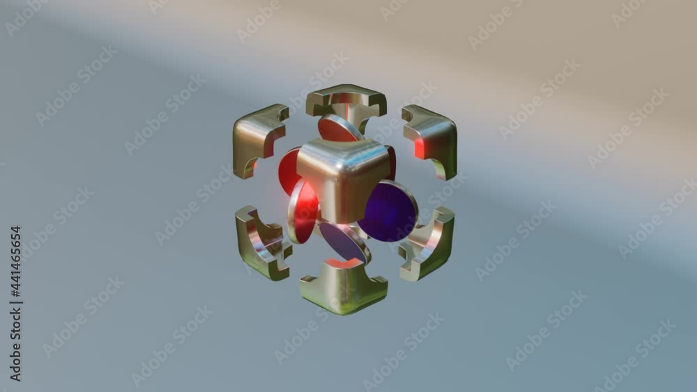 Poster a chrome-plated cube of parts scatters to the sides and reassembled and red-blue rotating discs. loo