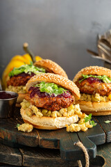 Turkey burgers with stuffing and cranberry sauce