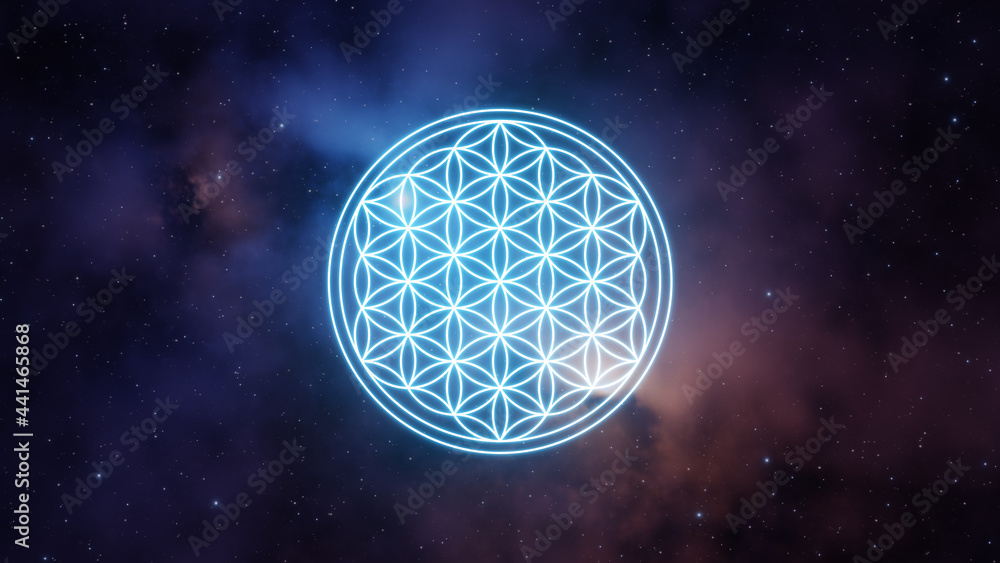 Poster flower of life symbol in blue color on a background of the universe with nebulae