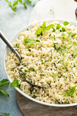 Cauliflower rice with herbs and lemon juice in a white bowl
