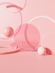 3D Rendering Studio Shot Product Display Background with Transparent Pink Spheres, Plates and Rings for Beauty or Skincare Products.