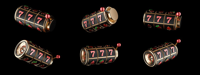 Modern Slot Machine, Reel. Golden, Black And Red, Rotation, Isolated On The Black Background - 3D Illustration