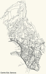 Black simple detailed street roads map on vintage beige background of the quarter Centro-Est district of Genoa, Italy