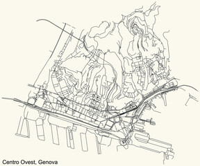 Black simple detailed street roads map on vintage beige background of the quarter Centro-Ovest district of Genoa, Italy