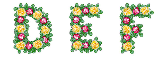 The letters D, E, F are made of red and yellow roses with green leaves