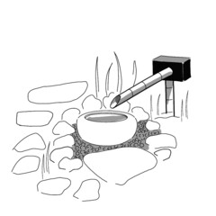 Japanese garden illustration. Hand drawn sketch. Japanese landscape. Vector illustration of Japanese garden and flower icon. Graphic design elements. Isolated objects. 