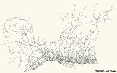 Black simple detailed street roads map on vintage beige background of the quarter Ponente district of Genoa, Italy