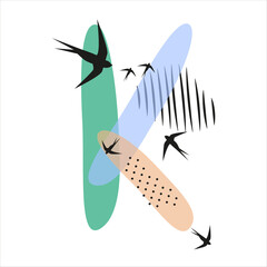 Minimalistic pattern an oriental style in form of letter K. Flock of swallows flies. Abstract objects, spots, dots, shadows in black ink and feather. Vector illustration, birds in form of hieroglyphs.