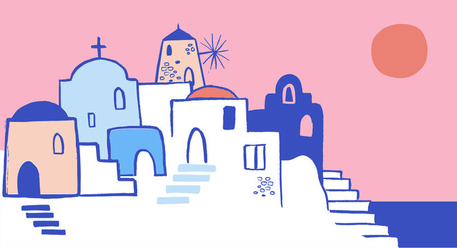 Greece hand drawn illustration. Santorini old town streets, traditional and famous houses and churches with blue domes 