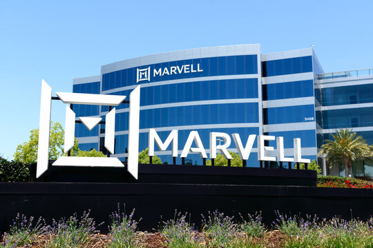 Marvell logo, sign at Marvell Technology headquarters in Silicon Valley. - Santa Clara, California, USA - 2021
