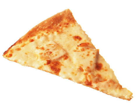 Close-up triangular slice of pizza isolated on white background.