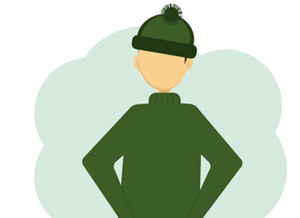 Illustration of a man in a dark green knitted sweater and knitted hat